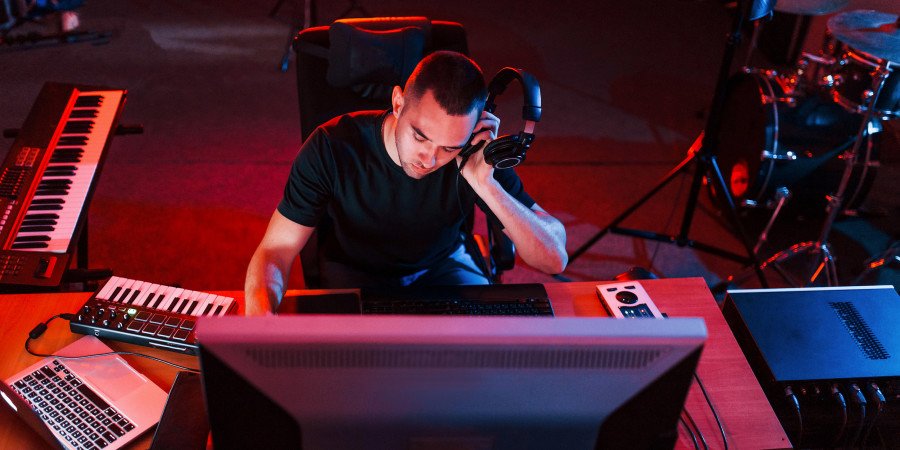 Un jeune homme avec son casque dans son studio